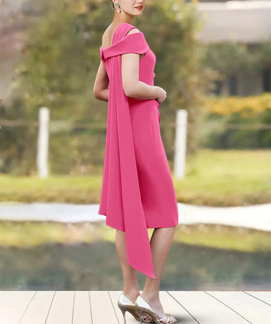 Customized Short One Shoulder Pink Mother of Bride Dresses Sheath Crepe Pleated Godmother Dresses for Women