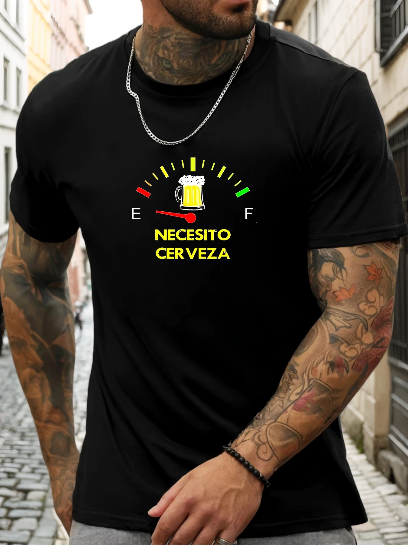 Funny Necesito Cerveza Beer Fuel Gauge T Shirt For Men Spanish Beer Lover Crew Neck Tee Casual Bar Party Male Daily Outfit Tops