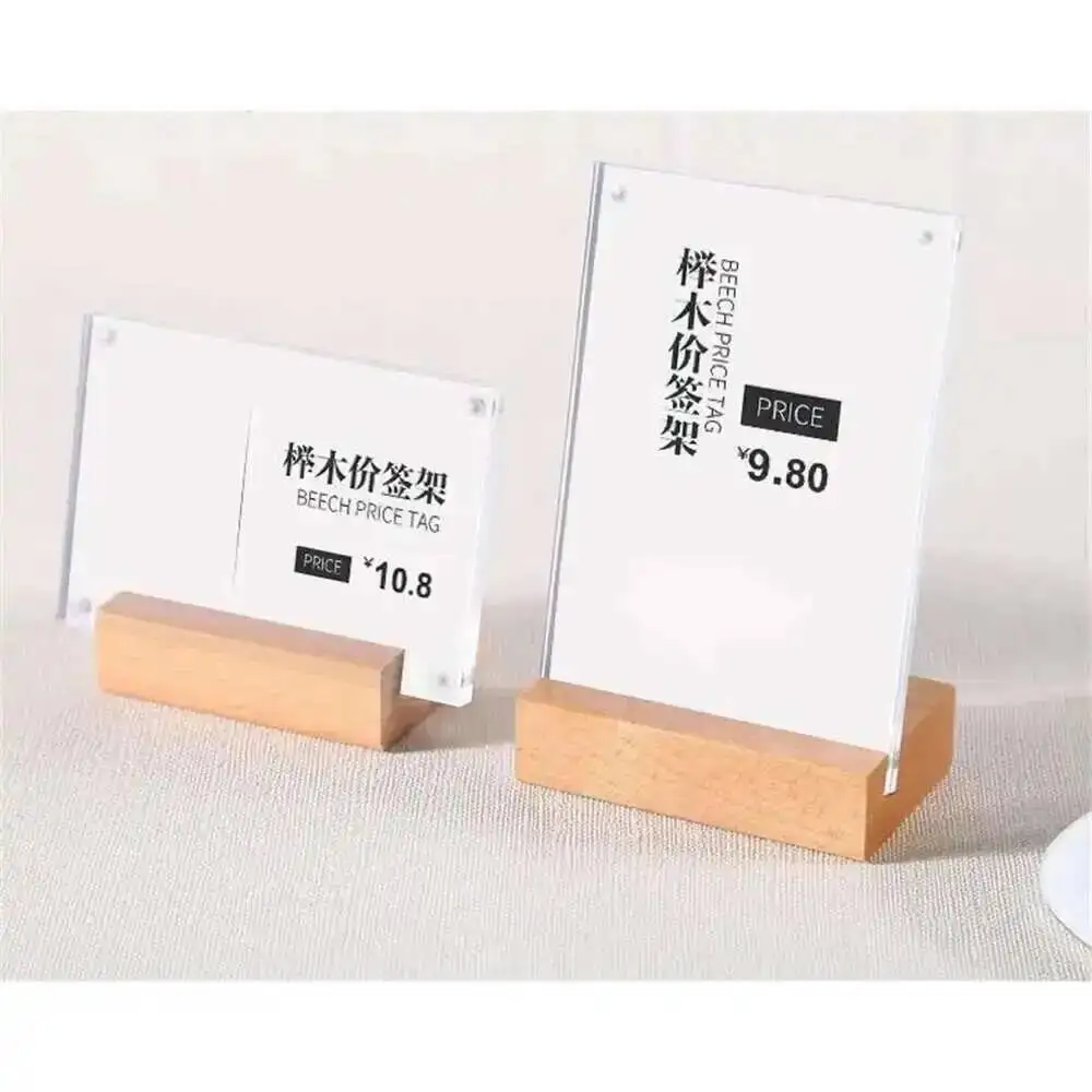 7x10cm Acrylic Frame Wood Desk Sign Stand Rack Name Card Holder Merchandise Picture Price Tag Display Stand Wooden Photo Frame