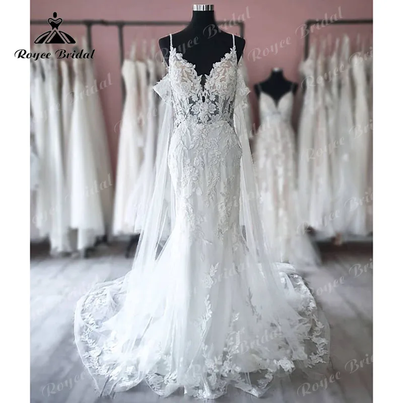 vestido noiva Sexy Mermaid/Trumpet Wedding Dress with Cloak Lace Appliqued Backless Wedding Gown Custom Made Robe De Mariée 2022