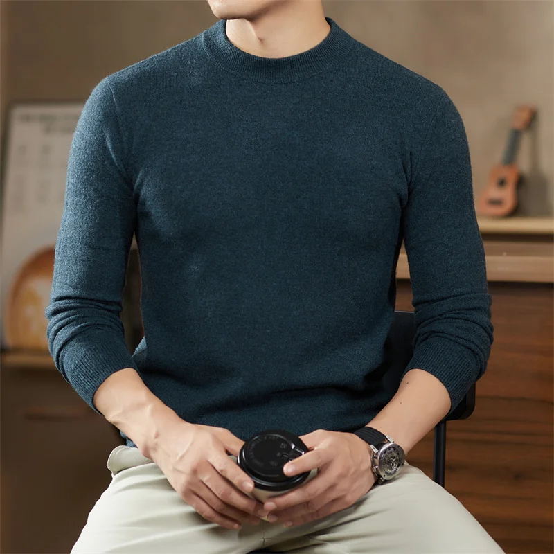 Prawdziwy sweter męski ze 100% wełny owczej, klasyczny, jednolity, kaszmirowy, podstawowy, na jesień i zimę 2025, z okrągłym dekoltem.