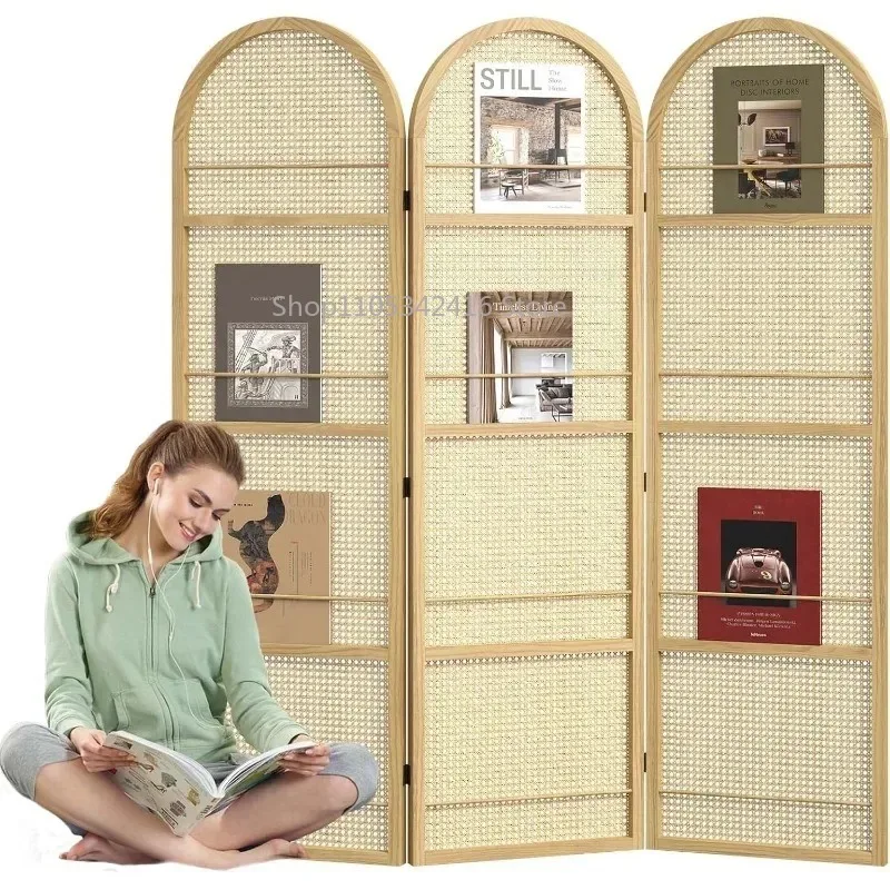3-Panel Woven Rattan Partition，Foldable Tall Privacy Screen with Wooden Frame for Home Indoor Storage Decor