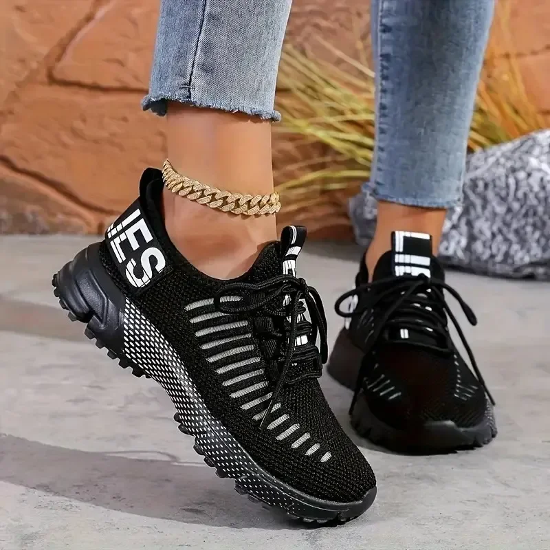 Turnschuhe Frauen Luxus Casual Tennis Modische Atmungsaktive Gestrickte Wanderschuhe Schwarz Anti Slip Lace Up frauen Laufschuhe