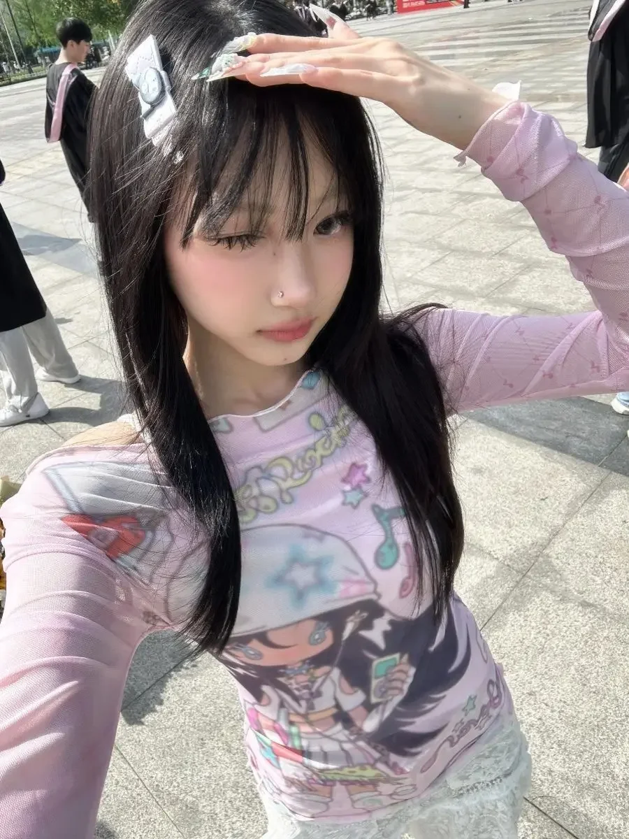 Summer Y2k Streetwear T-shirt Sweet Cartoon Print Aesthetics Clothes Long Sleeve Tops Grunge Tees Sexy Gothic Mesh See-through