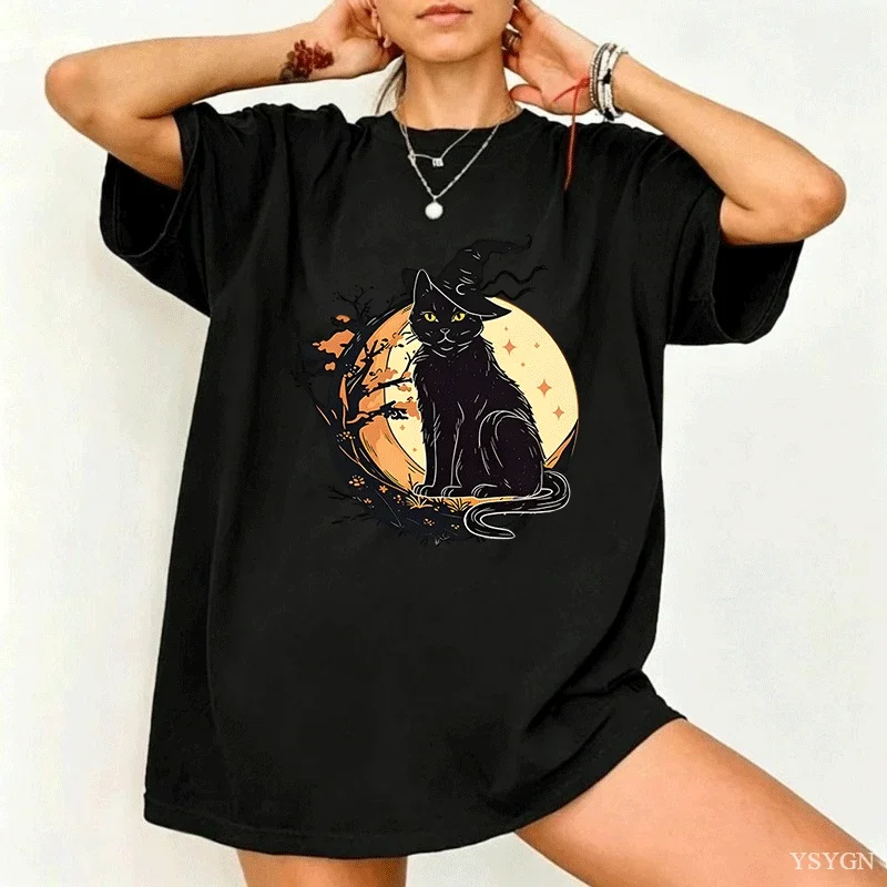 Halloween Black Cat Witch Hat Womens Crew Neck Short Sleeve T Shirt Spooky Moon Star Night Graphic Tees For Ladies Daily Wear