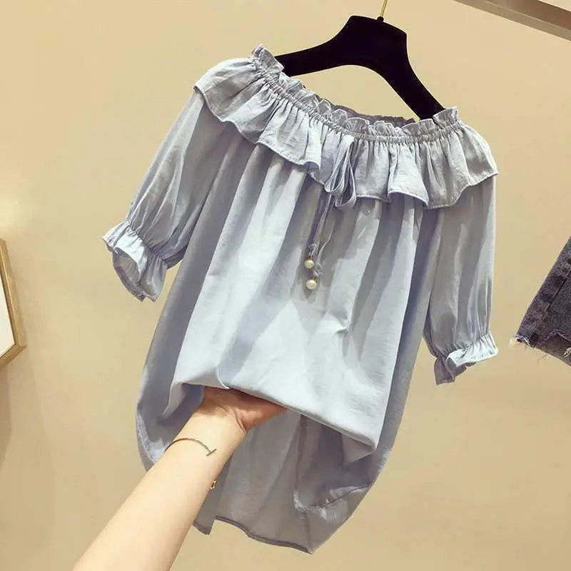 Red Short Sleeve Shirt Women\'s Off Shoulder Summer New Loose Pleated Solid All-match Office T Shirt Tops Casual Vintage Clothing