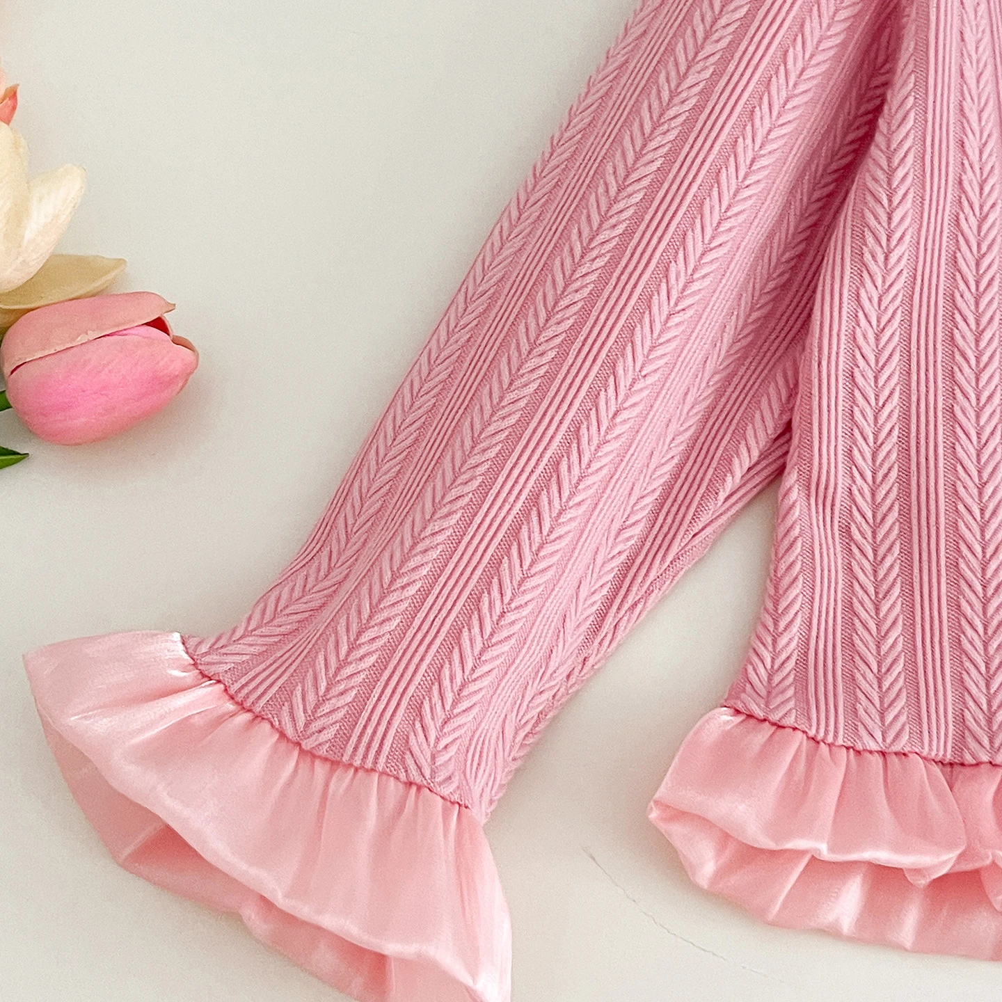 Kinderkleidung Mädchen Herbstmode Strukturiertes Langarm-Spitzenoberteil Schlaghose 2-teiliges Set Kinder Alltags-Freizeitkleidung – Detail 5