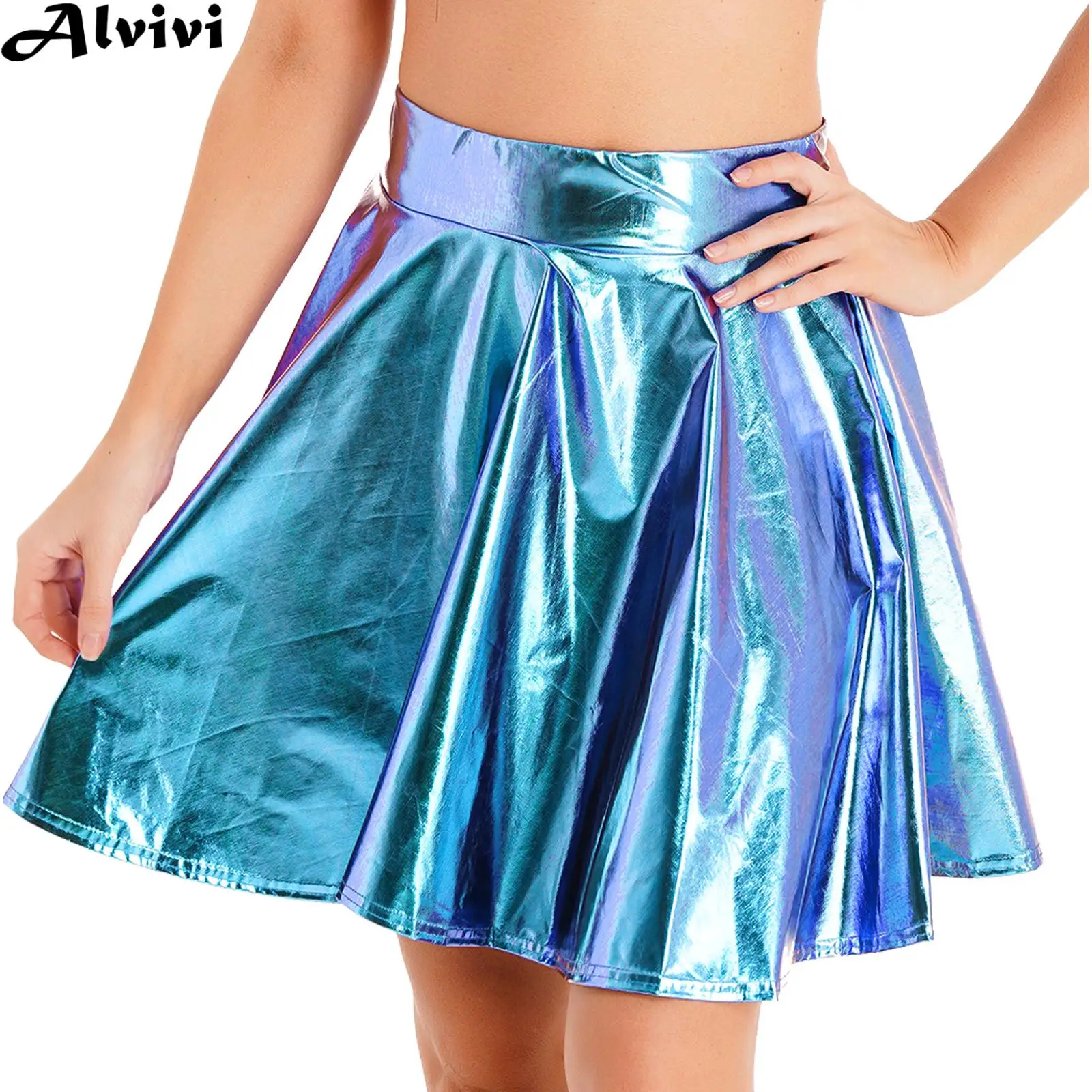 Women Metallic Shiny Pleated Skirt Pole Dancing Jazz Dance Performance Costume Rave Party Nightclub Bar Music Festival Clothes