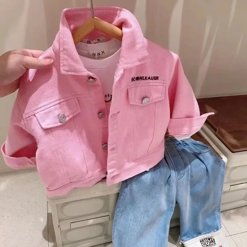 

Весенне-осенняя розовая куртка-поло из чистого хлопка с воротником-поло для мальчиков и девочек, детское джинсовое пальто 2025 г.