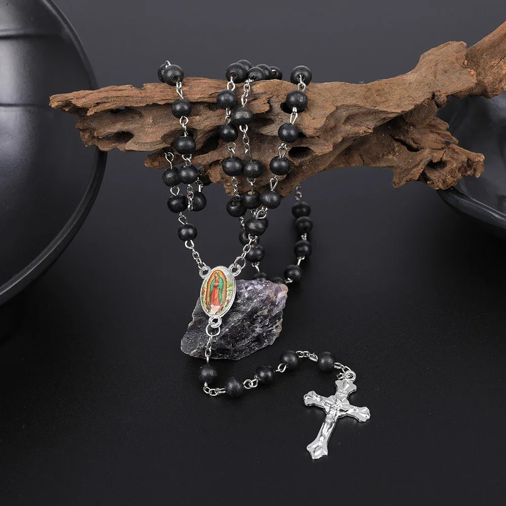 Holz-Rosenkranz-Halskette für Damen, 6 mm, Holz-Gebetsperlen, lange Kette, religiöser Anhänger mit der Jungfrau Maria und dem Kreuz, Herren-Party-Schmuck, Geschenk. – Detail 5