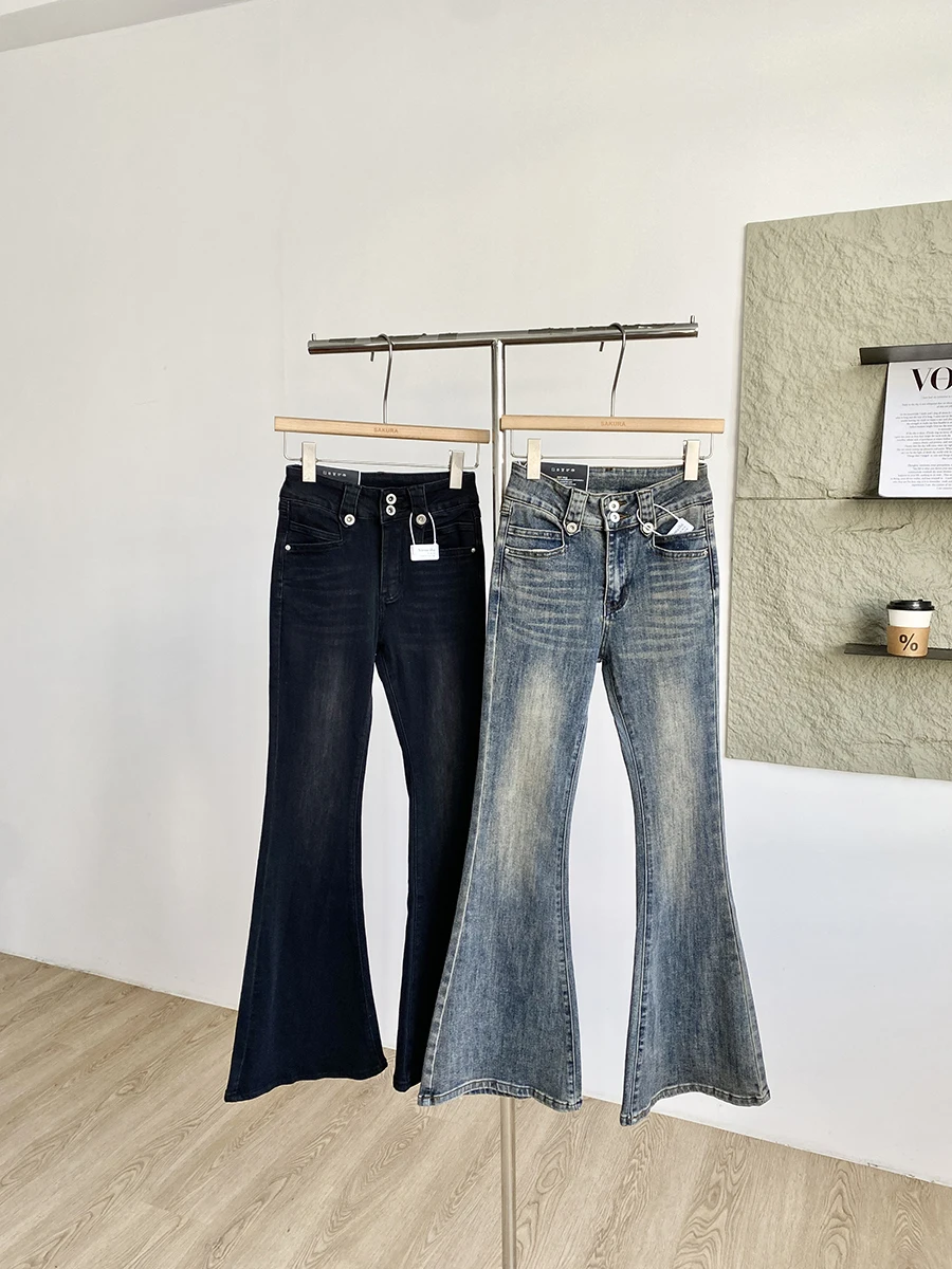 

Spring 2026 Retro Washed High Waist Slim Fit Bell Bottom Jeans Women's Versatile Fashionable Polyester Fiber Commute Ready