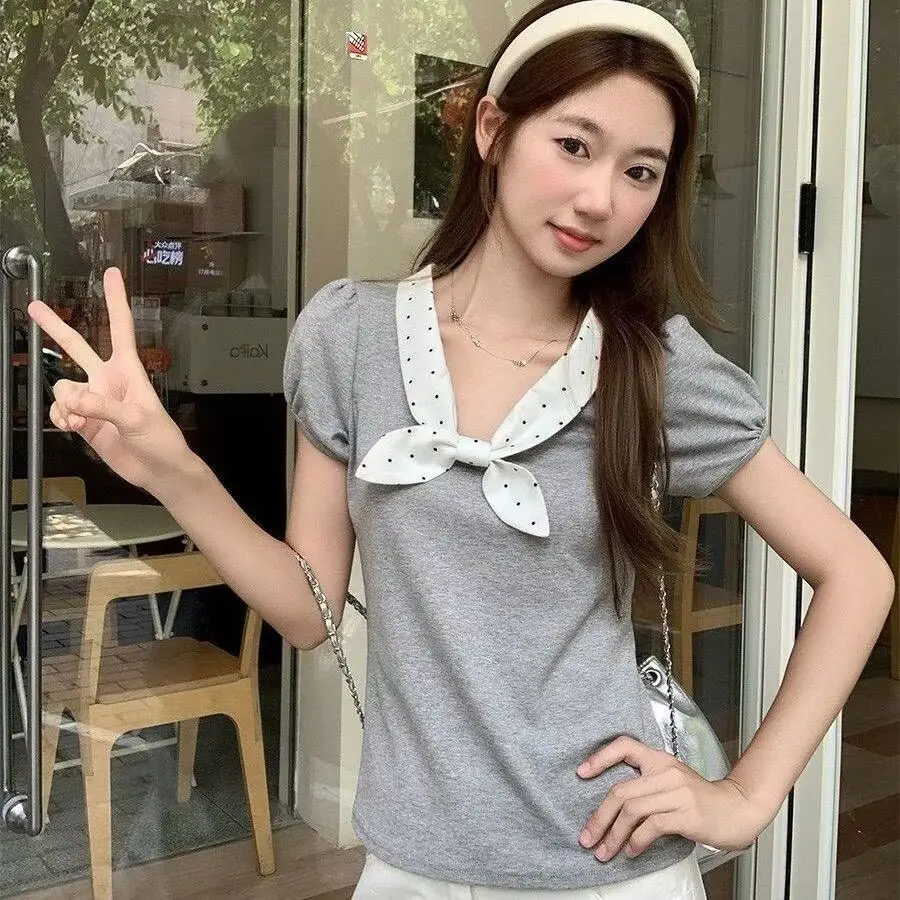 

Simple Polka Dot Bow Short-sleeved T-shirt Women's Summer Thin Slim-fit Short Top