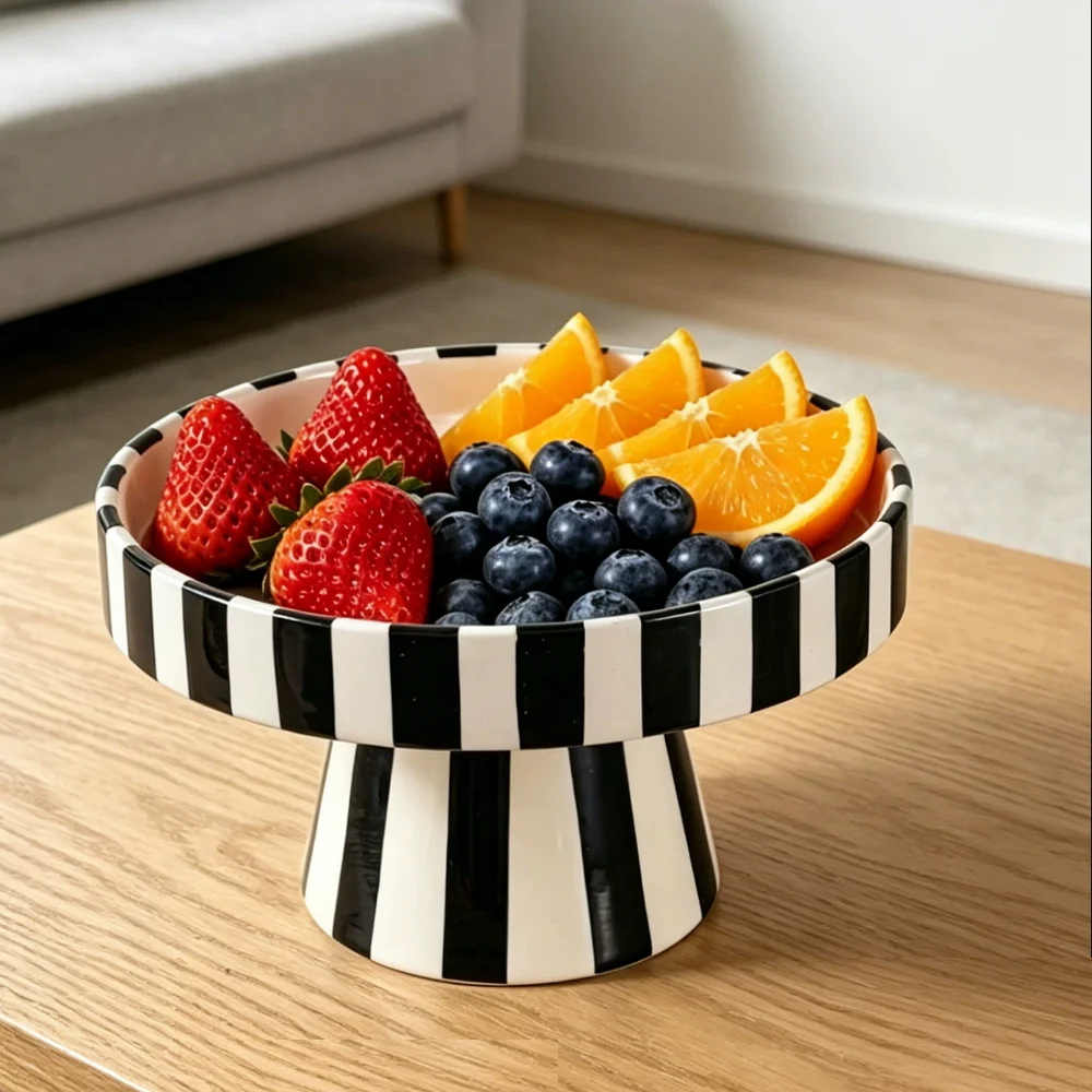 Modern hand-painted black and white line ceramic crafts ornaments, geometric lines, fruit tray decorations