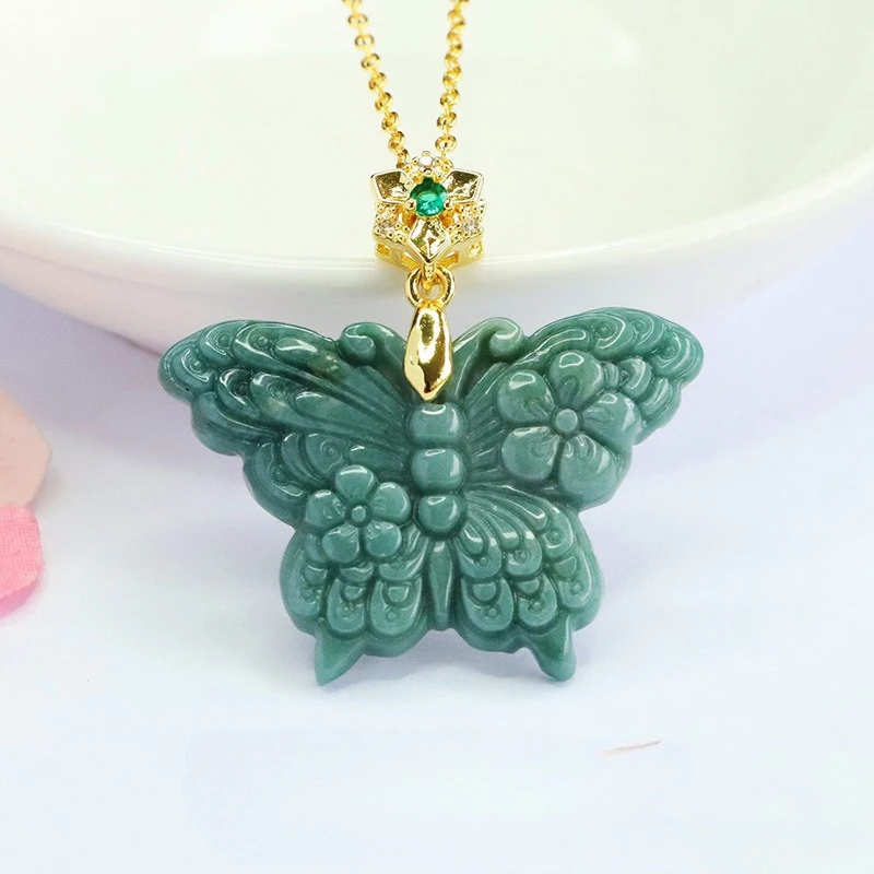 S925 Silver Natural Real Blue Water Jade Butterfly Pendant Necklace Carved Charm Jadeite Jewelry Fashion Amulet Woman Gifts