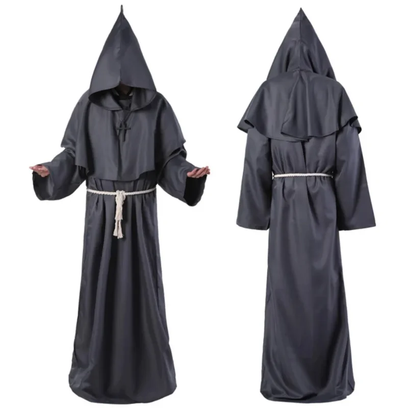 Medieval Christian Friar Cosplay Costume Monk Hooded Robe Cross Necklace Waist Rope Set Priest Role Play Halloween Party