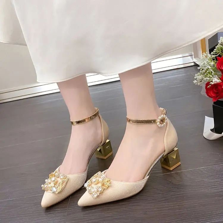 

New Fashion High-heeled shoes Pointed pearl High Heel Shoe Simple Foot Ankle Beach Green Classic For Women High-heeled shoes