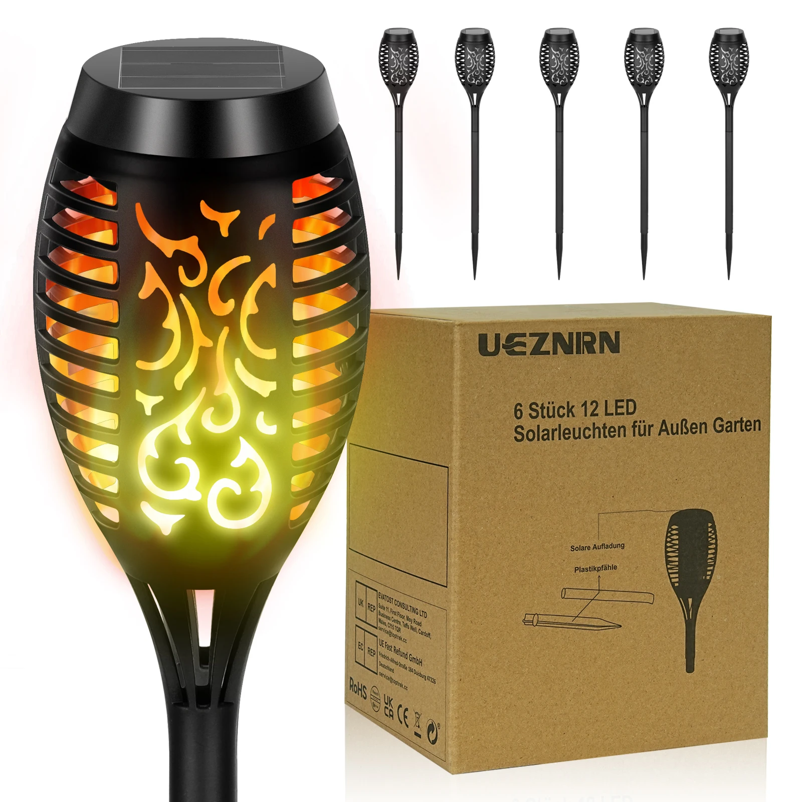 UEZNIRN 6PCS Solar Flame Torch Lights Waterproof Outdoor LED Flickering Flame Lamp Decorative Solar Garden Stake Light for Patio