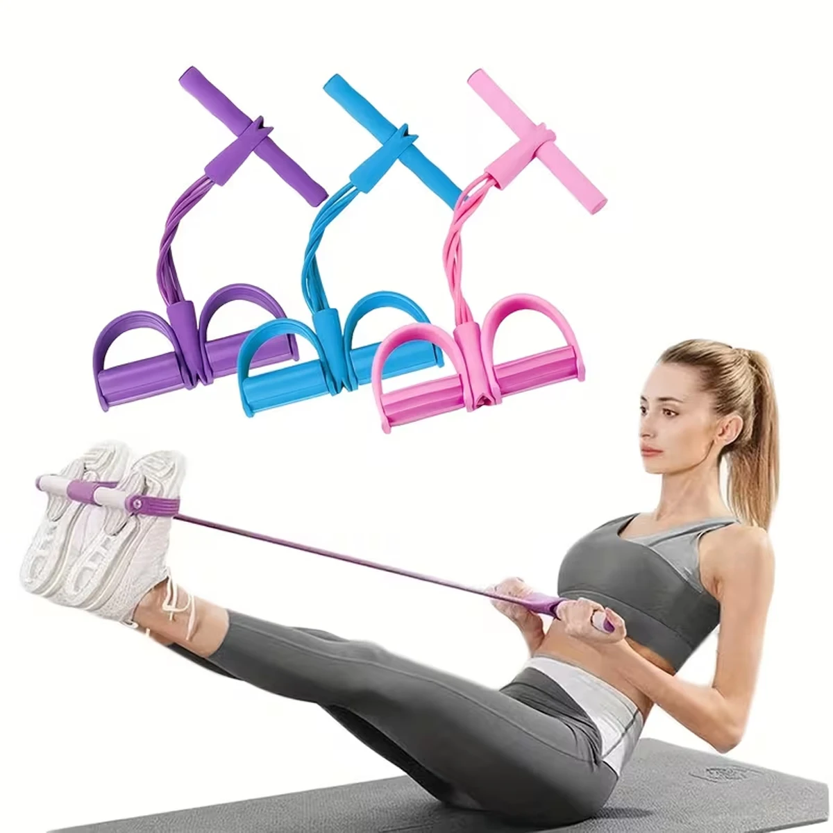 Pilates Pull Rope for Back and Abdomen Exercise, Foot Pedal Resistance Band, Portable Multifunctional Sit-Up Assist Device.