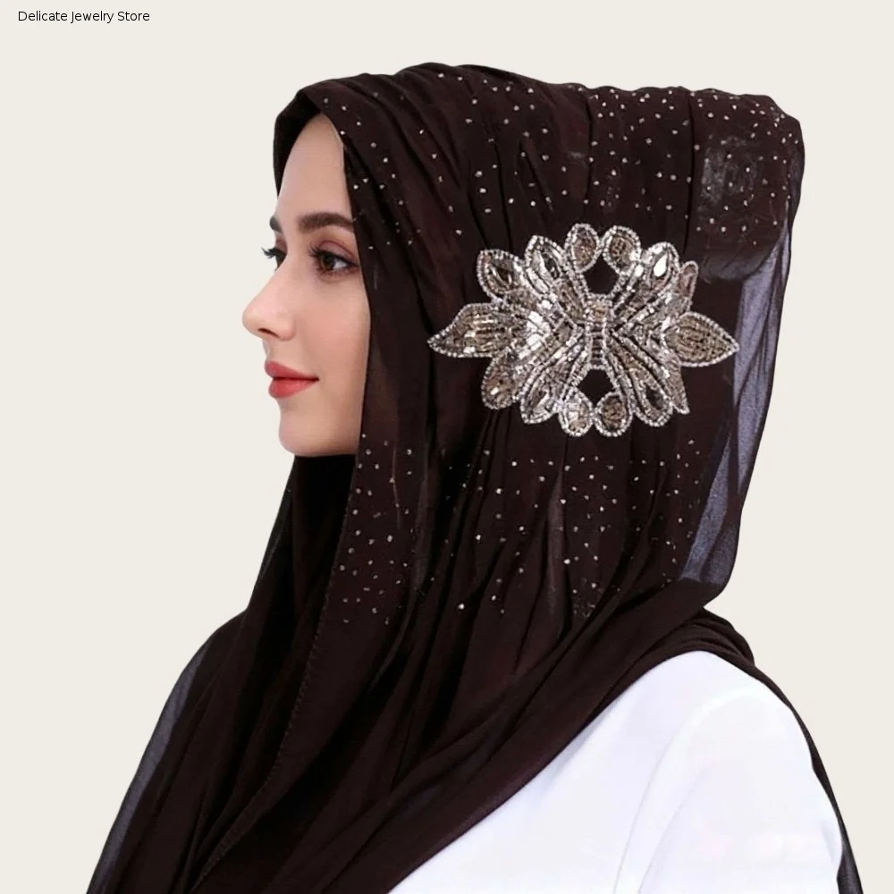 Shiny Chiffon Hijab Light Luxury Rhinestone Flower Decor Sequin Embellished Headscarf Breathable Solid Color Head Wrap Turban