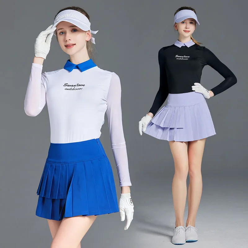 

SG Summer Ice Silk Long-sleeved Tops Girl Cooling Sunscreen Golf T-shirt Korean Women Anti-light Skirt Pleated Golf Culotte Sets