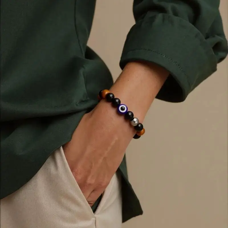 Stretchable Obsidians Tigers Eye Bracelet Handcrafted Adjustable Beaded Wristband Unisex
