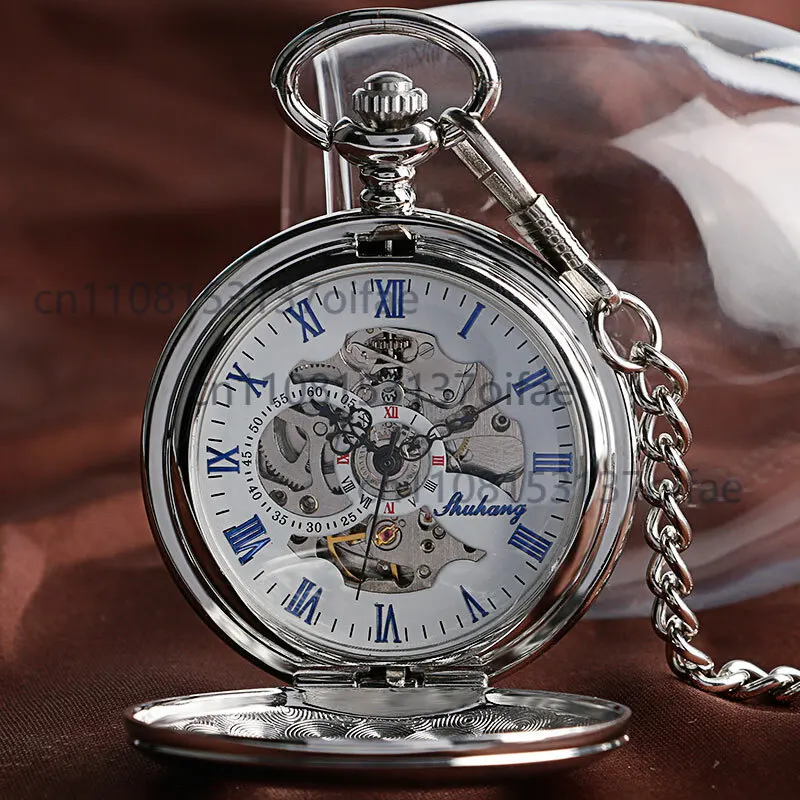 

Vintage Mechanical Pocket Watch Chain Gift Skeleton Smooth Case Silver Fob Watch