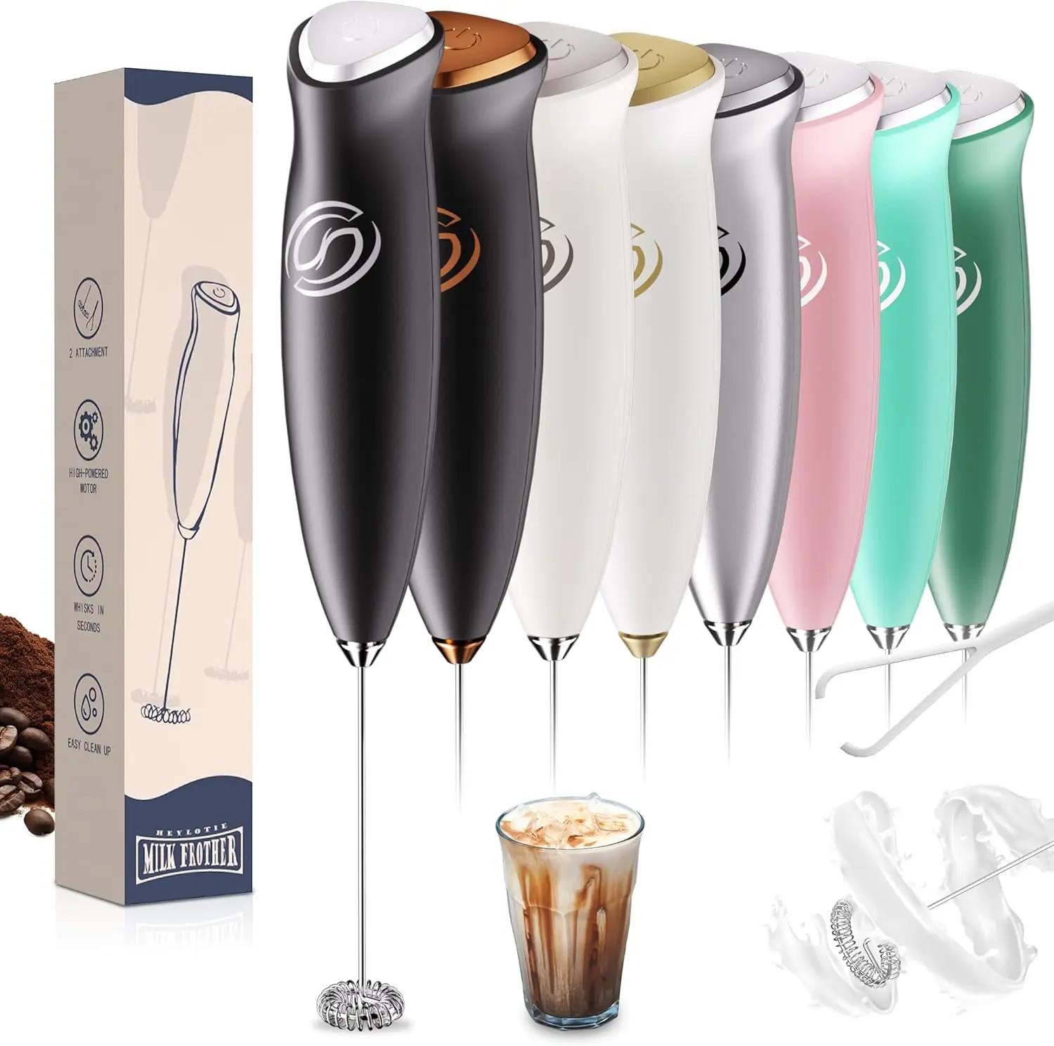 

Electric Milk Frother Handheld, 2 Whisk Heads, 17000 RPM, for Coffee, Latte, Matcha, Black