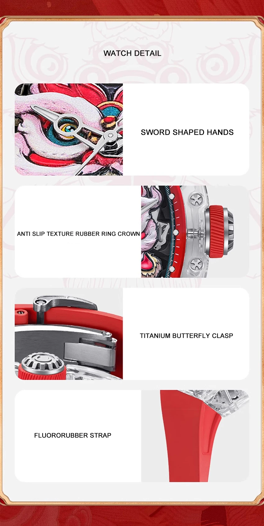 Cronusart-自動サファイアケース付き機械式腕時計,50mm x 42mm,フルオロラバーストラップ,トーノケース,ライオンダイヤル