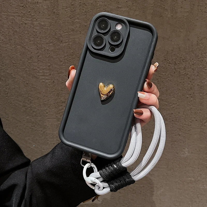 3D Gold Heart Soft Lanyard Rope Phone Case For iPhone 17 16 15 14 13 12 11 Pro Max X XS XR 7 8 Plus Hand Strap Shockproof Cover