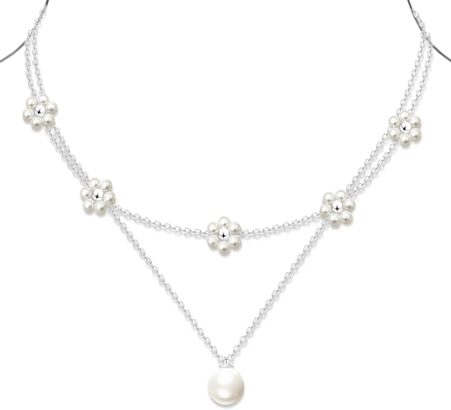 

Layered Pearl and Daisy Choker Necklace Set 14K Gold Plated Gift for Women