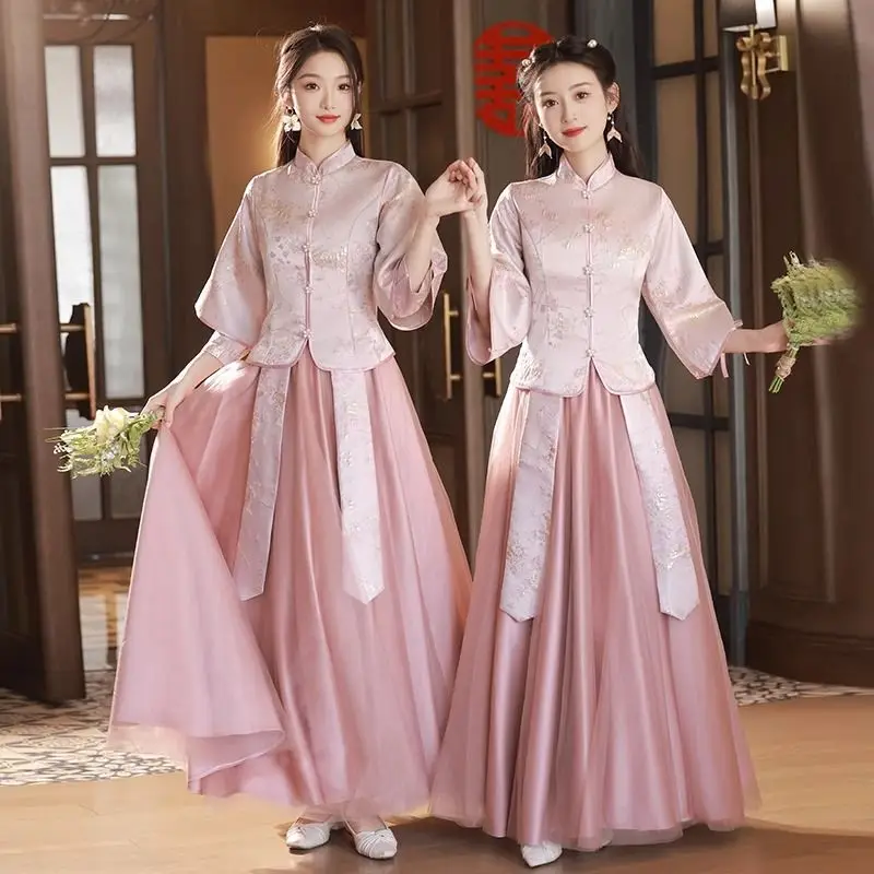 Elegant pink new style cheongsam wedding sisters group senior sense Chinese bridesmaid dress women autumn and winter Xiuhe dress