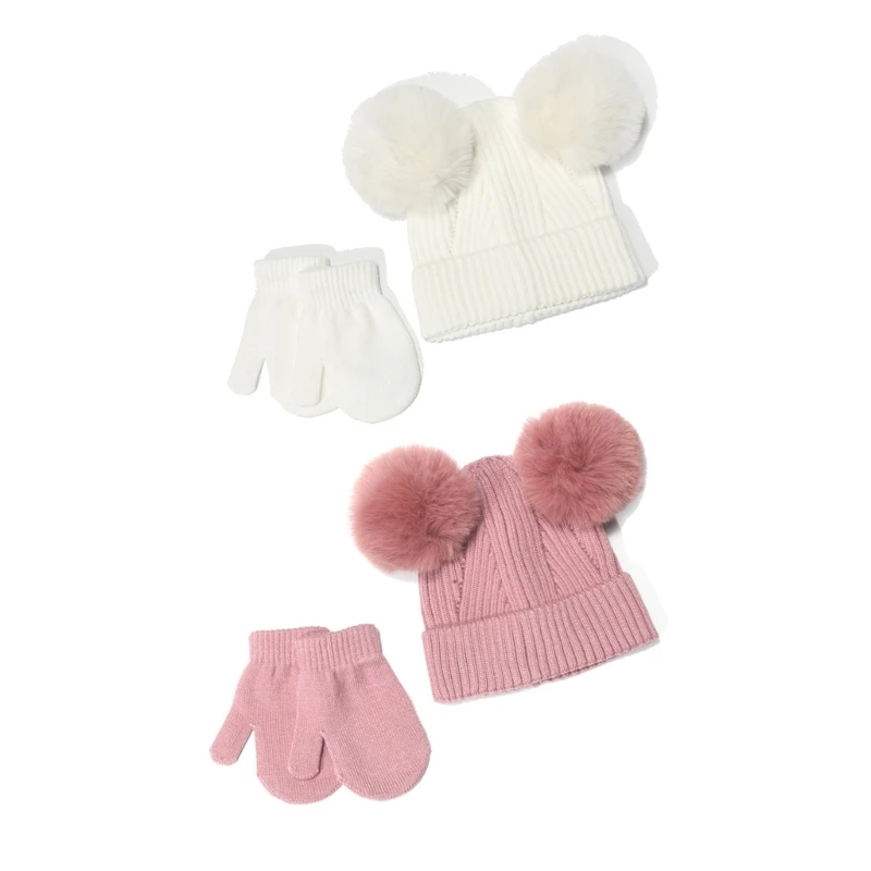 Baby Beanie Hat & Mittens Set Knitting Hat Winter Autumn Hand Woven Cap Gloves Boy Girls 2-6Year Breathable Stretchy Hat