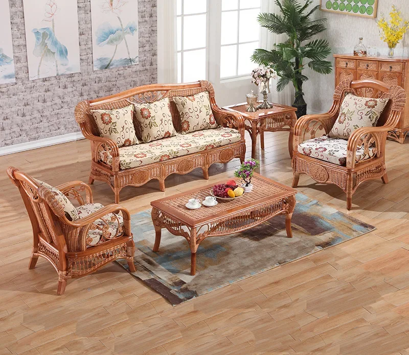 

Real plant sofa three people oldfashioned rattan wood living room combination antique chair