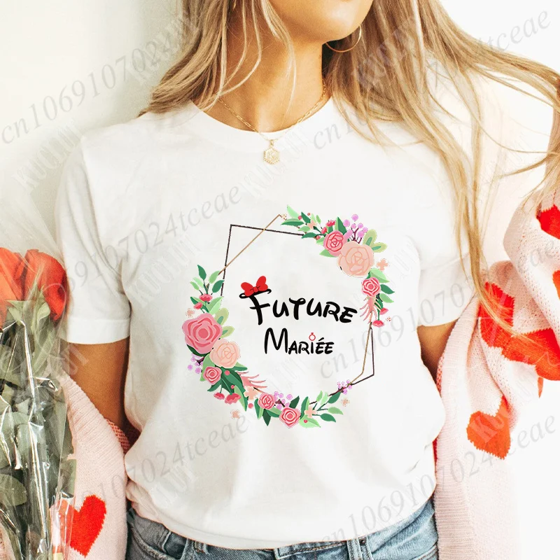 Future Bride Bridal Wedding Tee Bachelorette Hen Party Tshirt French Women Evjf Team Bride T-Shirt Floral Crown Graphic Tops