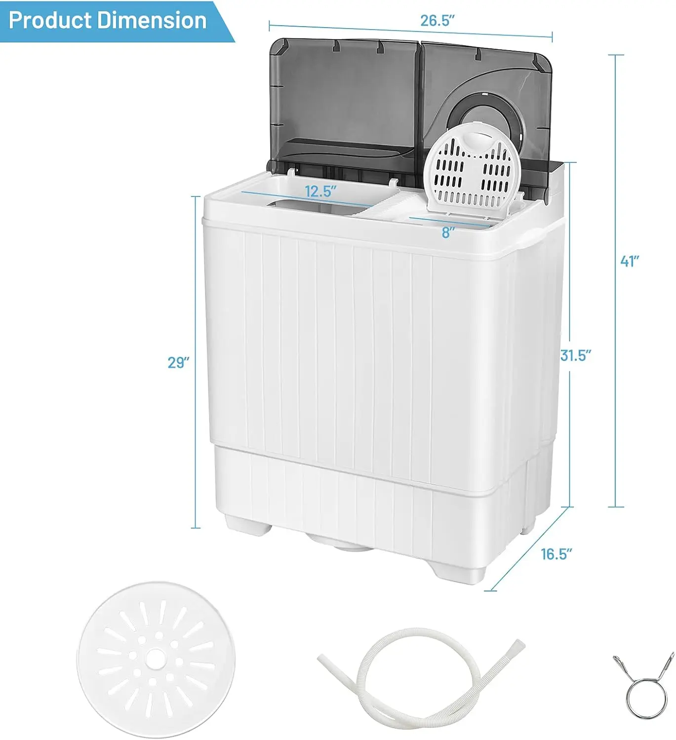 Machine à laver semi-automatique à double cuve avec essoreuse, capacité artérielle 26, pompe de vidange intégrée, lave-linge portable