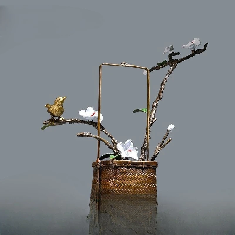 brass magpie, flower basket ornament, creative new Chinese style, handicraft metal bronze carving
