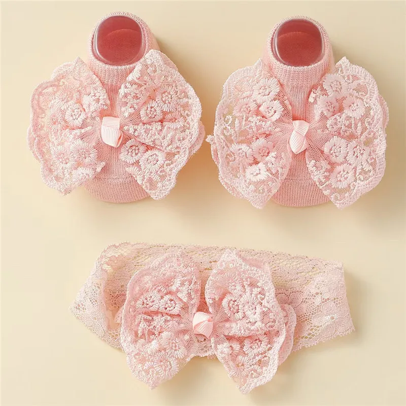 

Baby Girl Socks and Headband Set Lace Bownot Soft Breathable Non-Slip Set