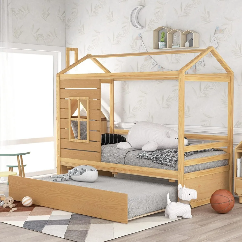 House Bed with Trundle, Window and Roof, Wood Bunk Bed Daybed Can be Decorated for Girls, Boys