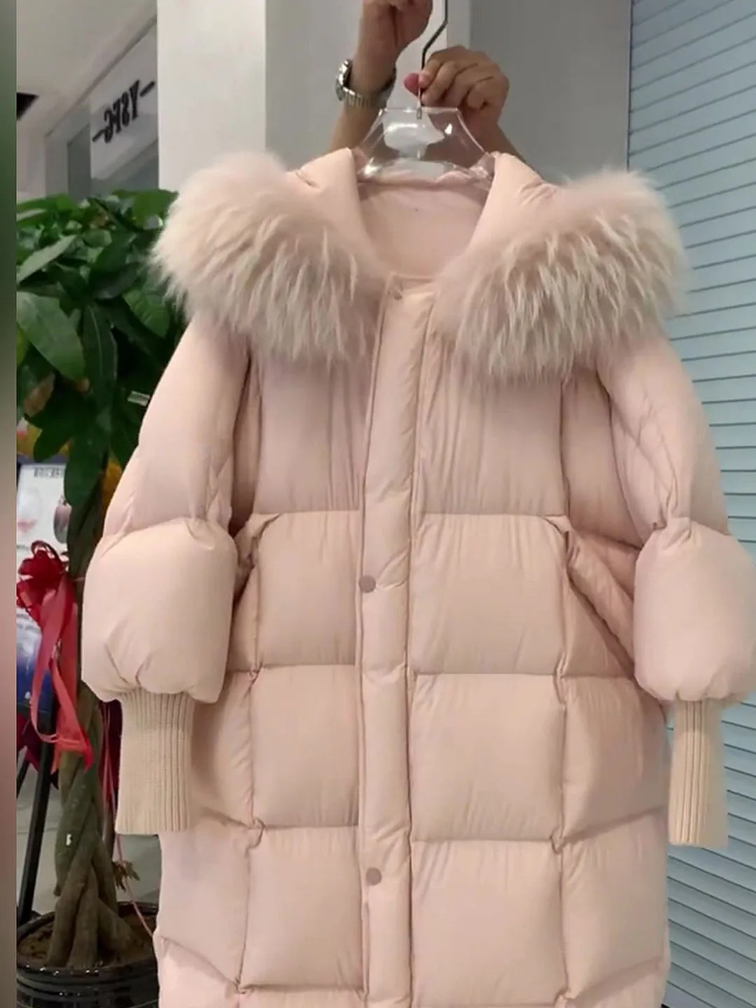 Pink Goose Down Jacket for Women 2023 Autumn Winter New Real Fur Collar Loose Hooded Coats Thicked Warm Mid-length Outerwear