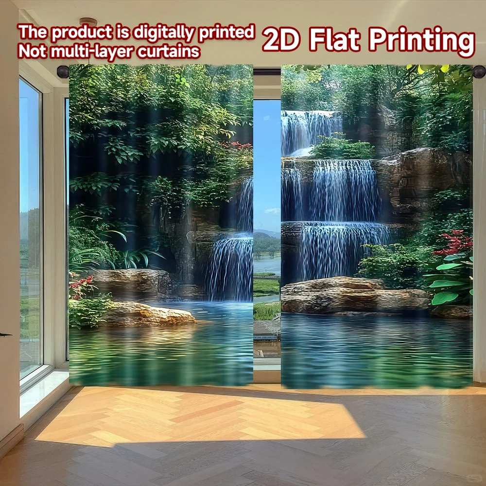 

2D flat printing 2pcs Curtains Tranquil Forest Waterfall(1) Digital Printed Polyester Drapes Family Party Use for living room