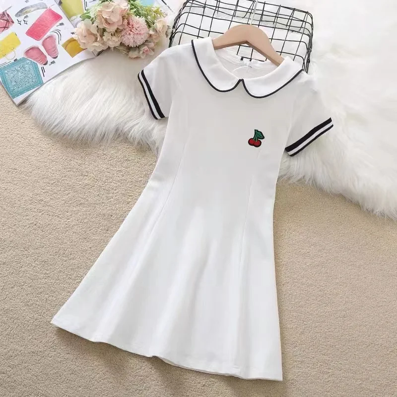 2024 Summer New retro Girls long fruit Cotton peter pan Collar Teenager striped Preppy Dresses Baby Clothes Toddler 8 10 12 year