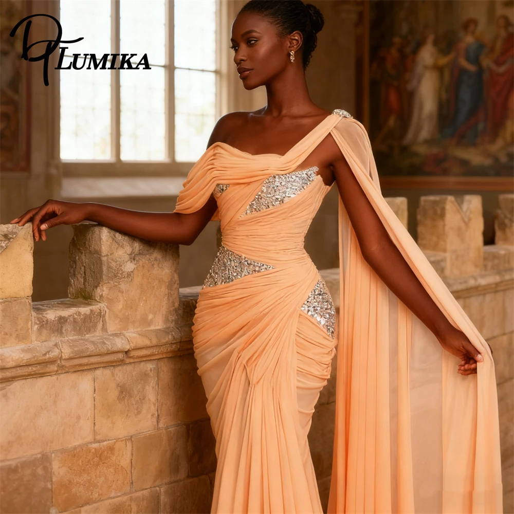 Suknia wieczorowa DTLumika Peach z jednym ramiączkiem, drapowanym płaszczem, cekinami, plus size, zwiewna szyfonowa suknia balowa, damska suknia na formalne przyjęcie.