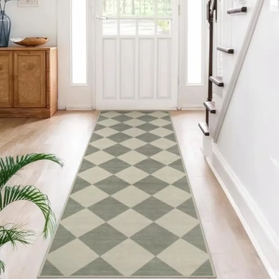 

Checkered Print Kitchen Runner Rugs Non Skid Washable 2.5x8 Ultra Thin Low Pile Green Runners for Hallways 8ft Geometric Farmho