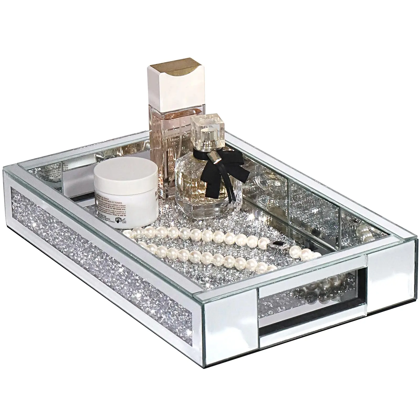 Rectangle Glass Tray With Handles for Dresser Mirror Makeup Organizer Perfume Display Bling Diamond Home Decor Accent for Vanity