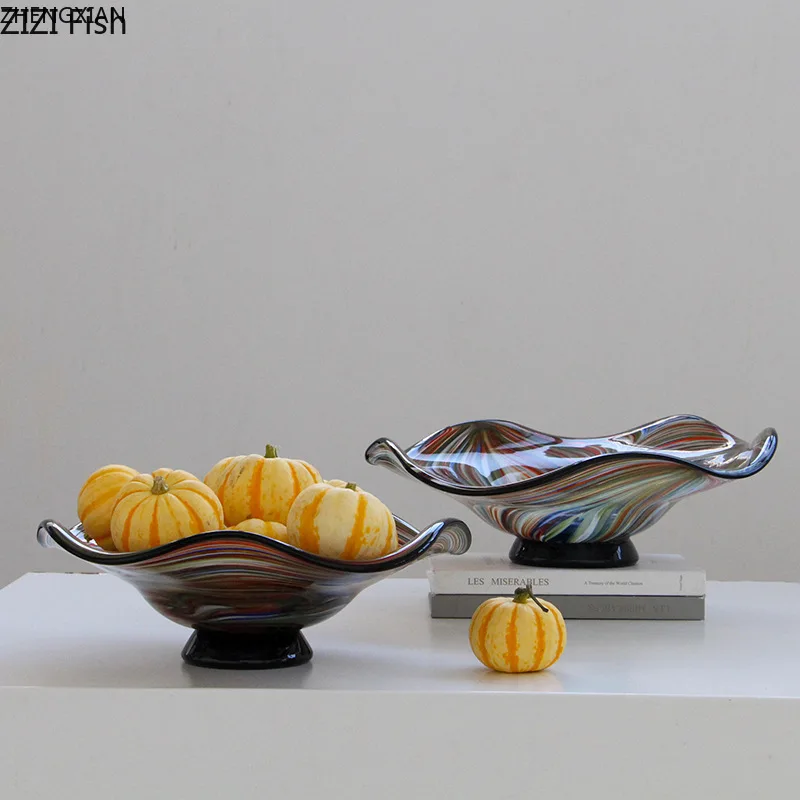 Colorful Stripes Glass Fruits Tray Wavy Edge Fruit Bowl Decorative Storage Trays Hotel Restaurant Fruit Plate Dessert Cutlery