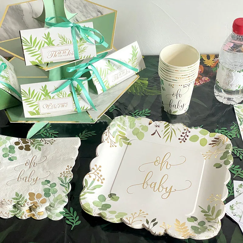 8Guests Gold Letter Oh Baby Jednorazowa zastawa stołowa Jungle Leaves Serwetka Talerz Kubek Baby Shower Chłopiec Dziewczynka Babyshower Oh Baby