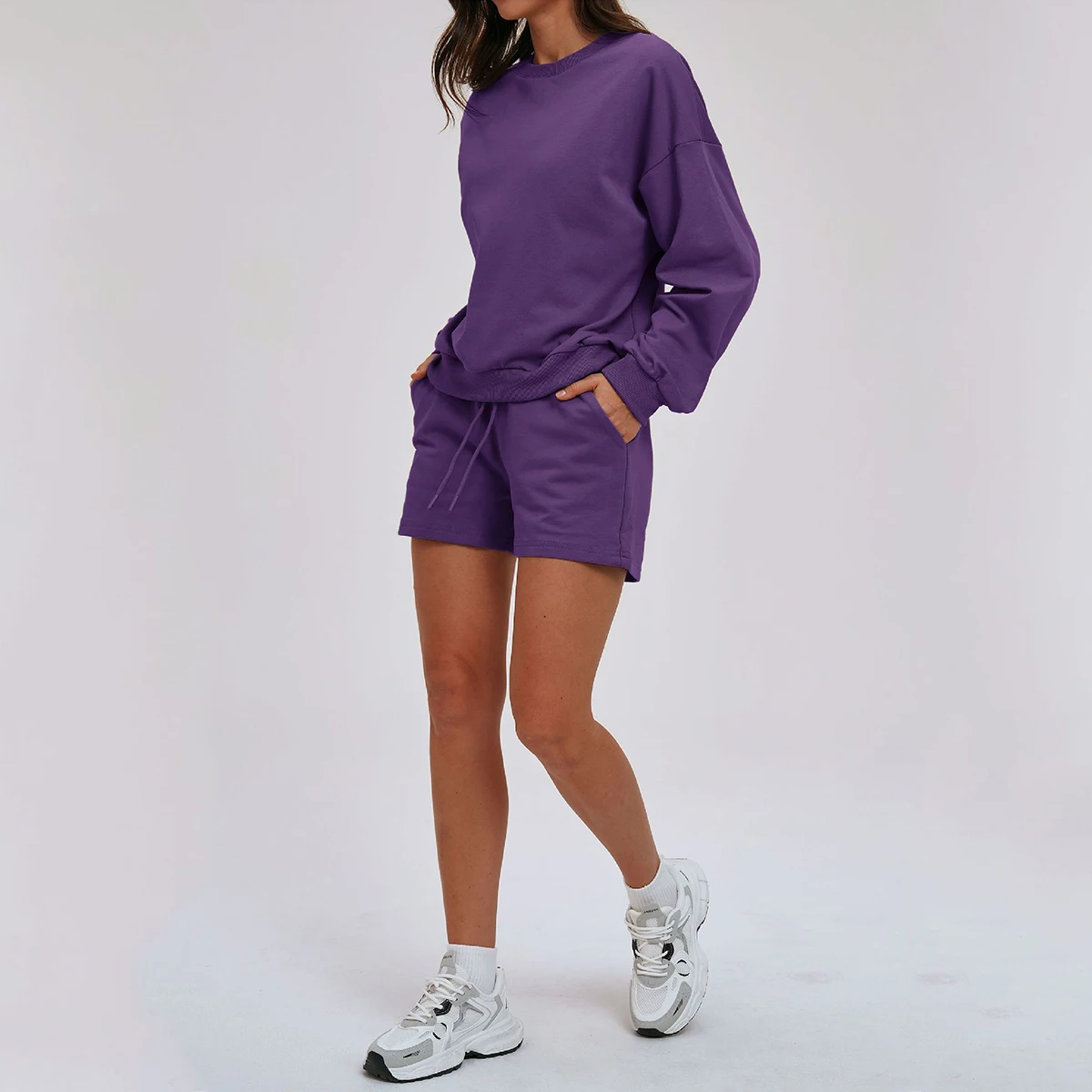 

Спортивный костюм для женщин: модный универсальный комплект с худи и короткими спортивными штанами, свободный крой, для активного отдыха, велоспорта и йоги