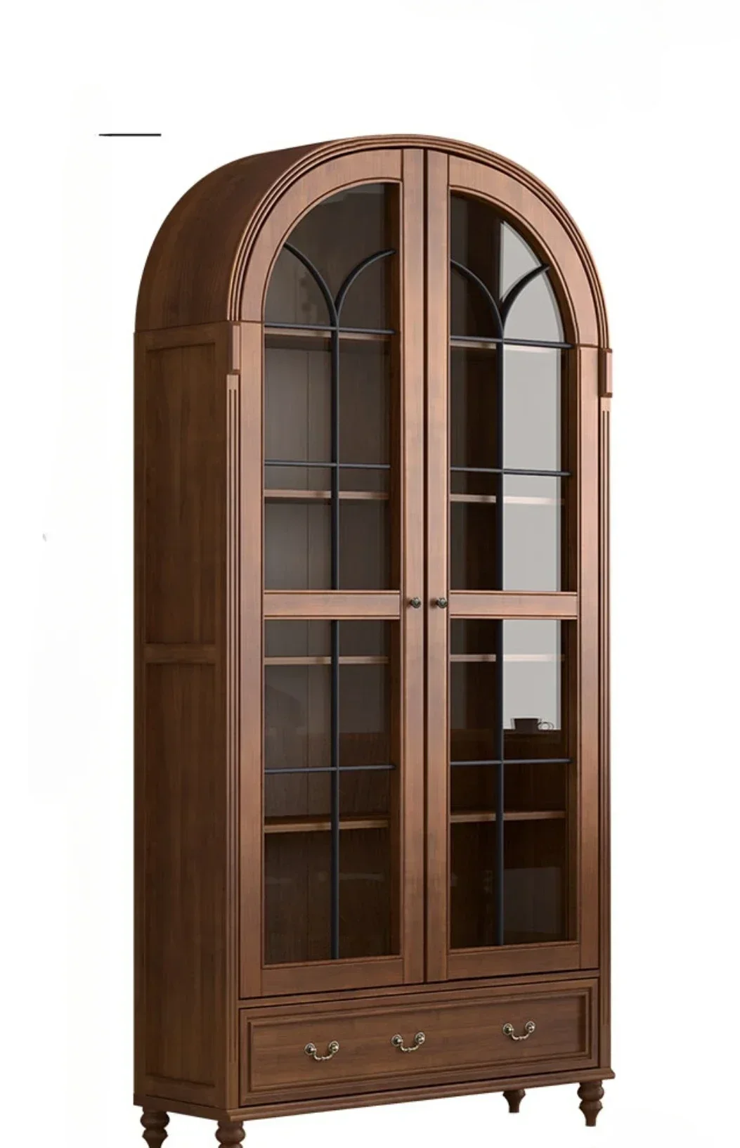 

Solid Wood American Light Luxury Vintage Arched Glass Door Wine Cabinet Study Walnut Bookcase