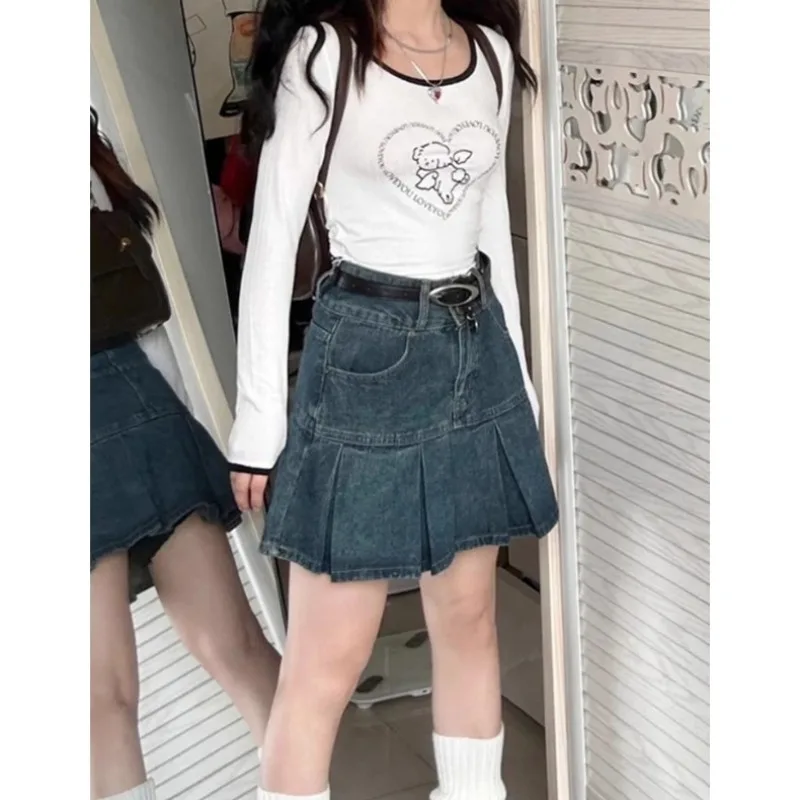 Vintage Wash Blue Denim Skirt Shorts for Women High Waist A-Line Slim Fit Korean Summer Fashion Mini Jeans Ruffle Skir