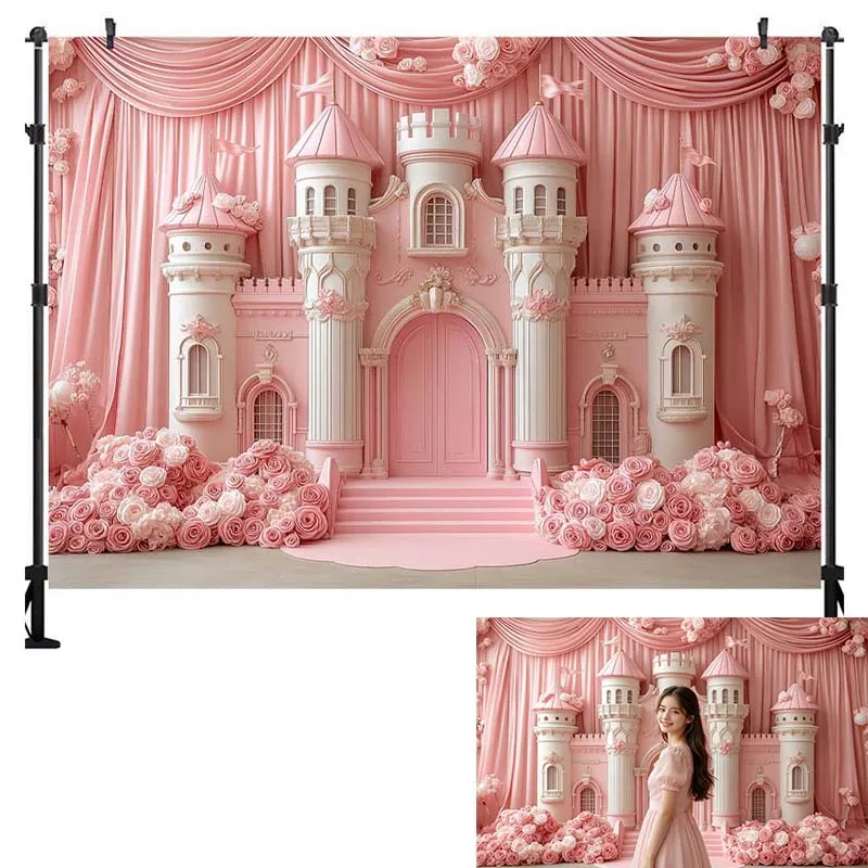 LS Photography Backdrop Pink Balloon Fairy Tale Castle Decoration Girl Princess Birthday Party Background For Photographs view 5